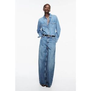 Zara Denim Button Down Shirt Rolled Sleeves Front Pockets Size XS GUC